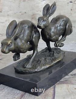 Art Déco Lièvres Lapin Bronze Sculpture Pâques Lapin Marbre Figurine Ouvre