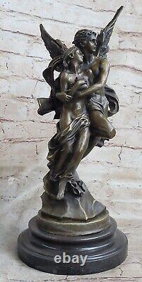Art Déco Marbre Bronze Sculpture Ange Psyché Et Eros Statue Figurine Cupide