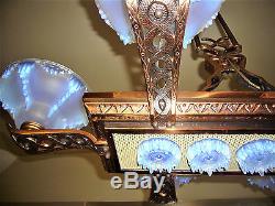 Art Deco Moderniste Ezan Spectaculaire Lustre Suspension 8 Lumieres Opalescent