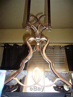 Art Deco Moderniste Ezan Spectaculaire Lustre Suspension 8 Lumieres Opalescent