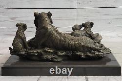 Art Déco Signée Original Williams Tigre Avec 4 Bébés Bronze Statue Sculpture Art