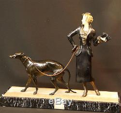 B 1920 statuette art nouveau dame 1900 et son chien statue régule bronze déco