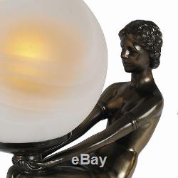 BRONZE ART DECO/NOUVEAU RESIN TABLE LAMP 16.5 LADY FIGURINE GLASS SHADE + BULB