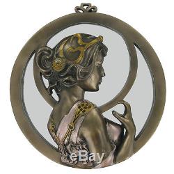 Beautiful Round Art Deco Wall Mirror Lady Bronze Erotic Cold Cast 01503