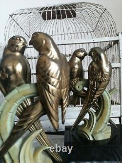 Bronze Art Déco 1930 Élégante Paire de Couples de Perruches Serre livres