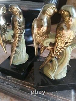 Bronze Art Déco 1930 Élégante Paire de Couples de Perruches Serre livres