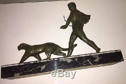 Bronze Art Déco À Patine Verte Signé DECOUX Le Dresseur De Panthère