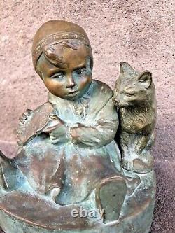 Bronze Art Deco Enfant et chat