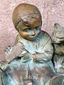 Bronze Art Deco Enfant et chat