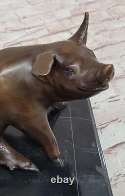 Bronze Art Déco Ferme Décor Happy Cochon Main Fabriqué Détaillé Statue Marbre Nr