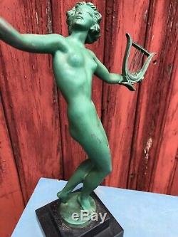 Bronze Art Deco Signe Fayral 1930 Femme Nue A La Harpe