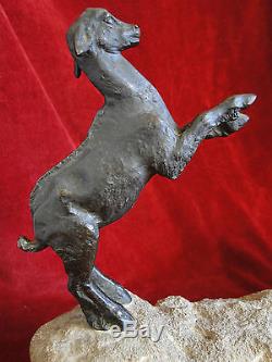 Bronze Art-déco Faune musicien & cabri Socle pierre