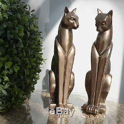 Bronze Cat Stylised Sculptures Pair Art Deco Vintage Style Standing H25cm 01054