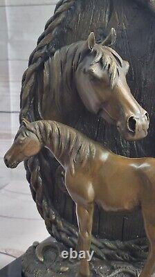 Bronze Cheval Têtes Buste Statue Stable Équestre Barn Art Déco Marbre Sculpture