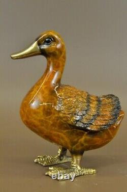 Bronze Français Art Déco Canard Serre-Livre Fin Oiseau Bronze Peint Marbre