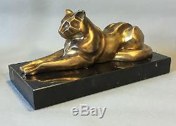 Bronze Sur Socle Marbre Panthere Couchée De Style Art Deco Signé Laroche