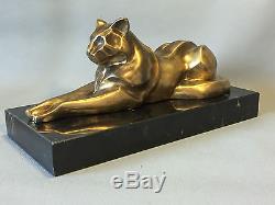 Bronze Sur Socle Marbre Panthere Couchée De Style Art Deco Signé Laroche