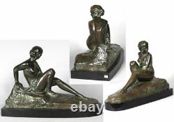 Bronze XIX, Marcel BOURAINE 1886/1948, Nue allongée vers 1920, Art Déco