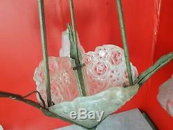 Chandelier lustre a plaques art deco en verre moule et bronze degué Compiègne