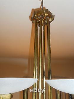 Extraordinaire Lustre Grand Createur Art Deco Bronze 6coupelles Verre Sablé