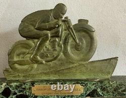 Edouard FRAISSE Bronze art deco motard signé patine verte Trophé