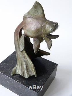G. Garreau, Paire De Serre Livres En Bronze, époque Art Déco 1930, Poisson Japon