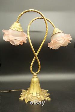 GRANDE LAMPE STYLE ART DÉCO BRONZE & TULIPES DE COULEUR ROSE 36,5 cm