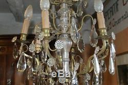Grand lustre ancien à pampilles cristal Baccarat et bronze, 6 lumières H 88 cm