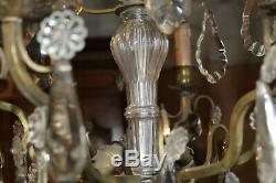 Grand lustre ancien à pampilles cristal Baccarat et bronze, 6 lumières H 88 cm