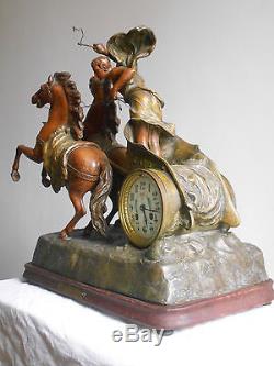 Grande Ancienne Pendule Char Antique Clock Patine Bronze 1900-1920 X. RAPHANEL