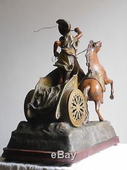 Grande Ancienne Pendule Char Antique Clock Patine Bronze 1900-1920 X. RAPHANEL