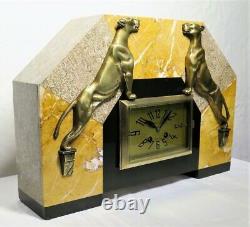 Grande pendule pure Art Déco marbre bronze panthères french clock