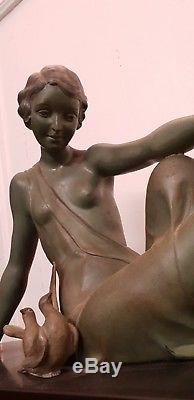 Grande statue signée GODARD art déco patine bronze 1930 femme marbre oiseaux