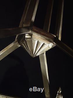 Hettier & Vincent Lustre Art Deco 6 Feux Bronze Nickele Et Verreries Pressees
