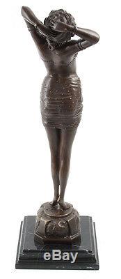 Hot Cast Bronze Art Deco Sculpture Lady On Marble Base REVEIL Signed Philips