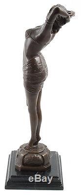 Hot Cast Bronze Art Deco Sculpture Lady On Marble Base REVEIL Signed Philips