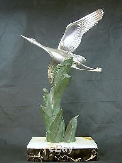 I. Rochard Rare Statue Sculpture Cigogne 1925 Art Deco Bronze Argente Mascotte