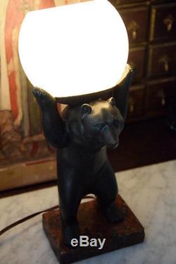 Irénée Rochard lampe ours art deco 1930 bronze patiné et marbre, lamp