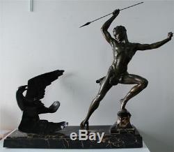 Jean DE RONCOURT Sculpture Art Deco Régule Bronze Aigle French Homme Nu Athlete
