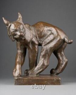 Jussi Mantynen (1886-1978)'Ion Vädrar Fara' Lynx Aux Aguets, Bronze Art Déco