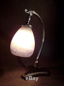 Lampe Art Deco En Bronze Nickele Tulipe Pate De Verre Signee Degue