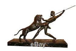 Le Chasseur Et Le Lion Imposant Groupe Art Deco Regule Patine Bronze 1930