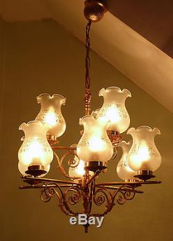 LUSTRE SUSPENSION DORE BRONZE 9 LAMPES TULIPES GLOBES VERRE POLI & DEPOLI MOTIFS