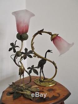 Lampe DAUM NANCY Art DÉCO / Nouveau bronze oiseau et tulipe pâte de verre 1900