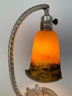Lampe En Bronze Argente Art Deco Par Degue Ferronnerie Martelee 1930 E743
