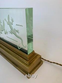 Lampe Veilleuse Salamandres 1930 Art Deco Plaque Verre Poli Base Bronze H3681