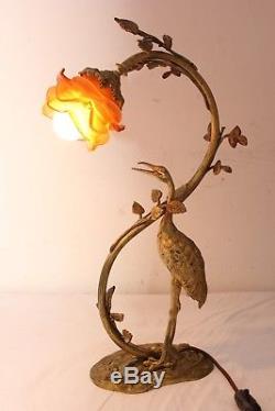 Lampe art déco bronze héron tulipe Muller era Daum Schneider +1 tulipe orange