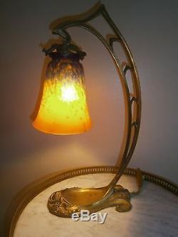 Lampe pied en bronze signé perreau et tulipe pate de verre signée schneider