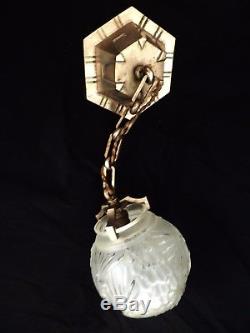 Lampe suspension bronze argenté nickelé verre dépoli de Muller Frères Luneville