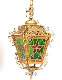 Lanterne Lustre Quadrangulaire En Bronze Et Vitraux Epoque Napoleon III